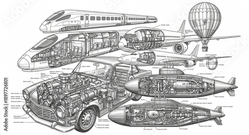 Detailed Technical Illustrations of Transportation Vehicles and Machinery.
