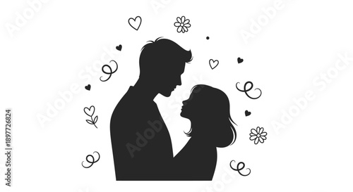 Couple embracing lovingly amidst floral and heart motifs silhouette