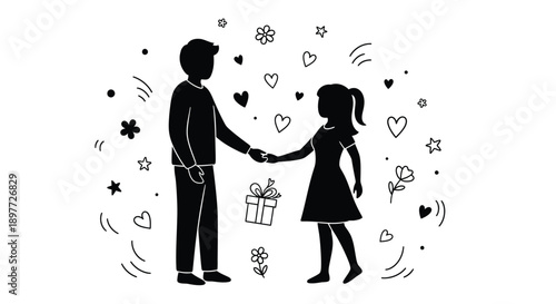 Couple holding hands with gift surrounded by hearts and stars silhouette