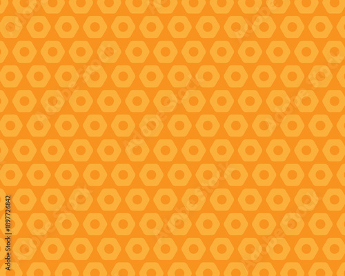 鮮やかなオレンジ色のヘキサゴン幾何学模様シームレス背景テクスチャ。六角形とドットを組み合わせたモダンでアクティブなデザイン。テクノロジー、エネルギー、工業製品のパッケージ、Webサイトのバックグラウンドやプレゼン資料に最適な抽象パターン素材。