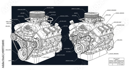 Detailed V8 Engine Diagram Blueprint.
