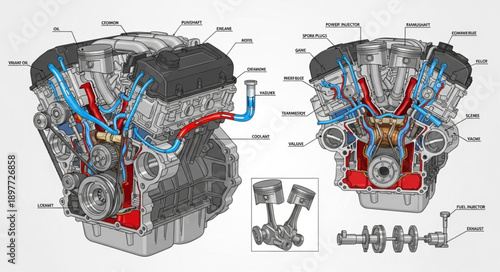 Detailed V8 Engine Cutaway Diagram with Labels.