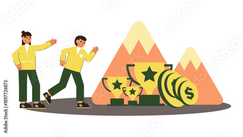 Business team running towards their goals and milestones represented by mountains and trophies