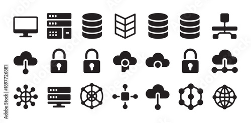 Collection of technology icons for cloud computing data servers and network security