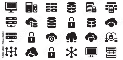 Cloud computing data storage and network security icons set for technology and business