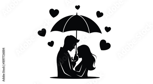 Couple sheltered by umbrella with hearts a romantic black silhouette