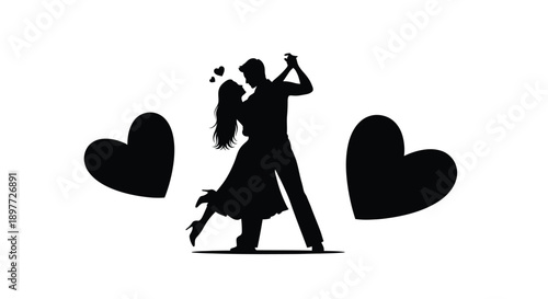 Couple dancing with hearts a striking black silhouette