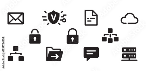 Technology and security icons for cloud data management and network connectivity