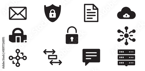 Digital security and communication icons for technology and business data transfer