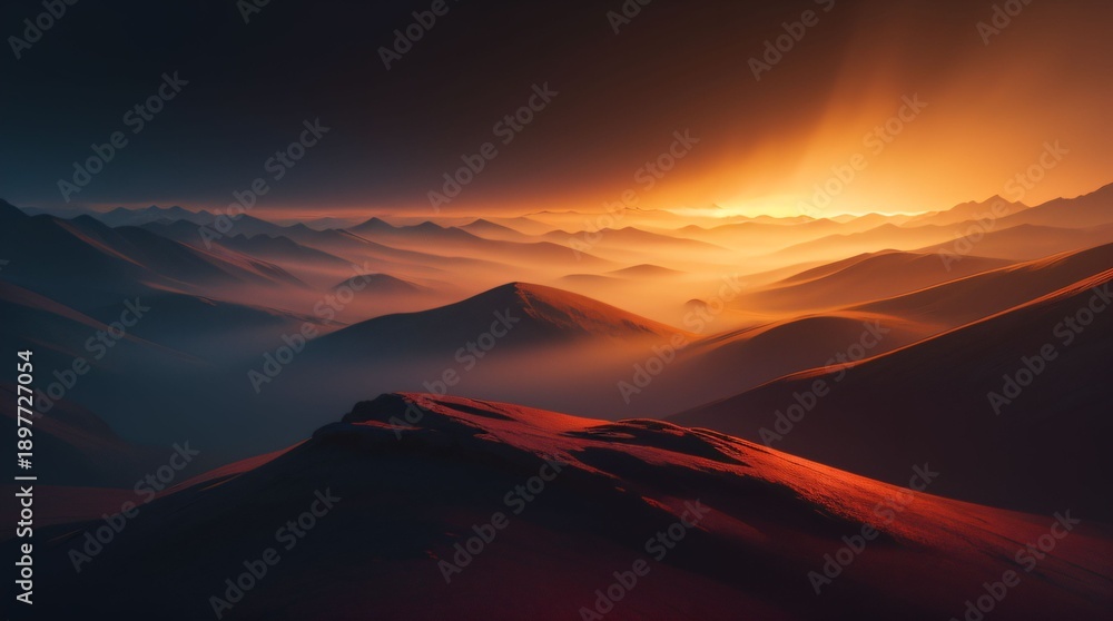 Naklejka premium Dramatic desert dunes landscape at sunset with layered hills and warm golden light 