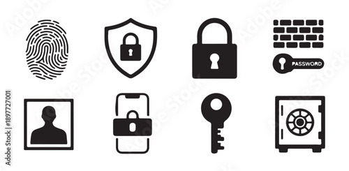 Data security icons set with fingerprint shield padlock wall password phone user key safe