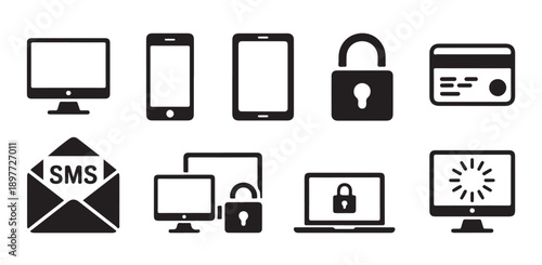 Digital device security icons set with computer phone tablet credit card sms message laptop