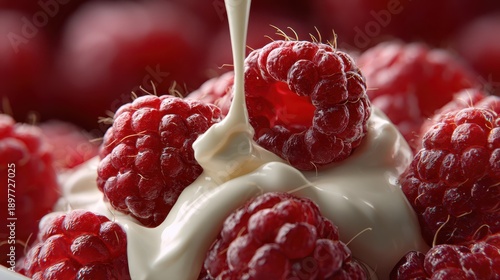 Juicy red raspberries drenched in creamy white liquid, showcasing texture and freshness. Close-up view highlights the vibrant color and detail of the berries dripping with viscous cream