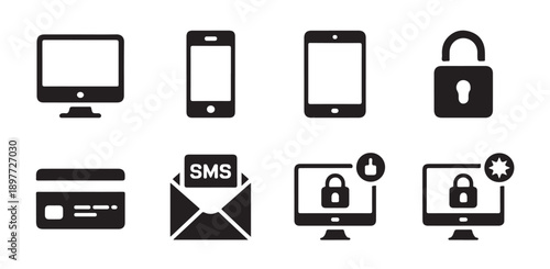 Set of computer, mobile phones, security lock, credit card, sms envelope, and secured monitor