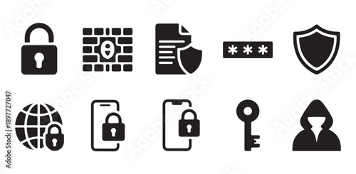 Security and protection icons for digital safety and data privacy on white background