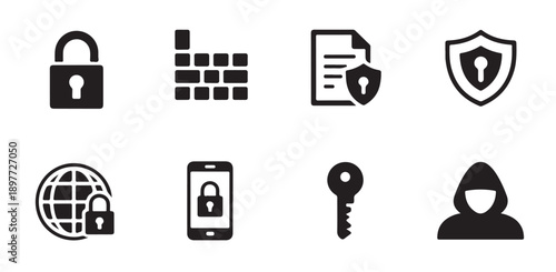 Security protection icons in flat design for digital safety and data privacy