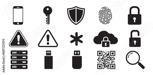 Security and technology icons, data protection, digital safety, cybersecurity elements