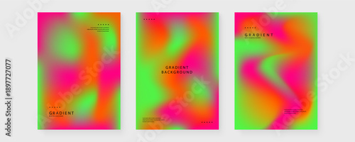 Set of three vertical posters with neon pink green and orange acid mesh gradients in Y2K aesthetic