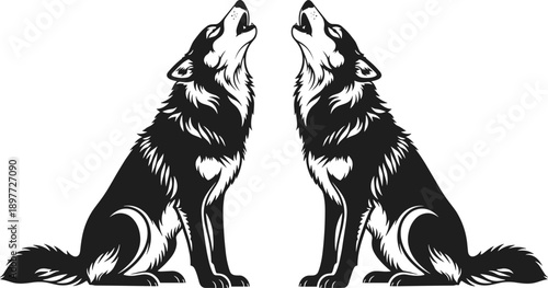 Howling wolf pair illustration, symmetrical wild animals, forest predator silhouettes, tribal style design, isolated black vector artwork
