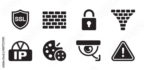 Cybersecurity icons for ssl certificate firewall protection and internet privacy monitoring