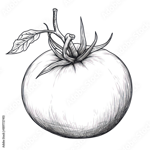 High resolution fine line art drawing of a ripe tomato on transparent background
