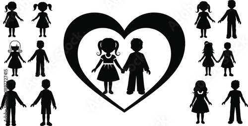 Collection of diverse children silhouettes holding hands and standing within a large heart symbol representing innocence and young love