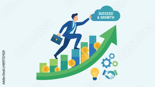 Businessman climbing growth graph upward.