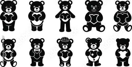 Collection of ten distinct black and white silhouette of teddy bears each holding a heart symbol