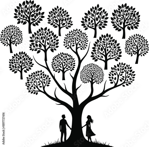 Family tree silhouette with a couple at its base and numerous smaller trees branching out symbolizing generations and heritage