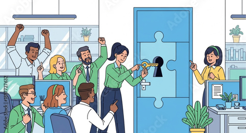 Diverse team celebrates successful project completion in modern office setting.