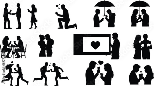 Romantic couple silhouettes engaged in various loving gestures and activities showcasing relationship milestones and affection