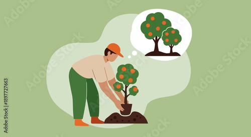 Man planting a tree with a thought bubble showing a mature tree.
