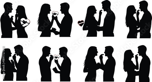 Romantic couples exchanging heart-shaped gifts and sharing intimate moments in silhouette, emphasizing love and affection