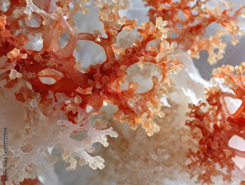 Intricate close-up of colorful coral with branching structures in vibrant orange, cream, and white hues. Textural details are highlighted, showcasing natural beauty and complexity