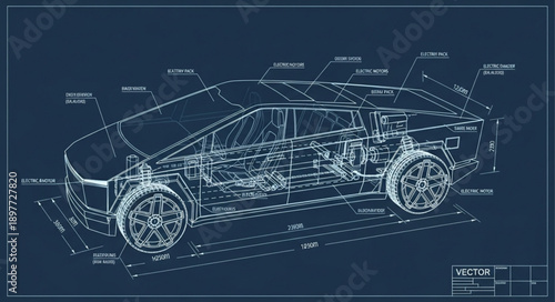 Electric Car Blueprint Technical Drawing.
