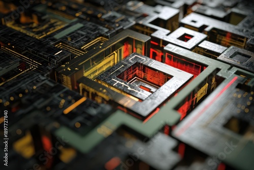 Complex geometric structure with intricate interlocking shapes, featuring metallic textures and glowing red and yellow accents throughout. No recognizable words appear within the image