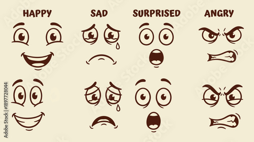 Collection of HandDrawn Cartoon Facial Expressions with Different Emotions.