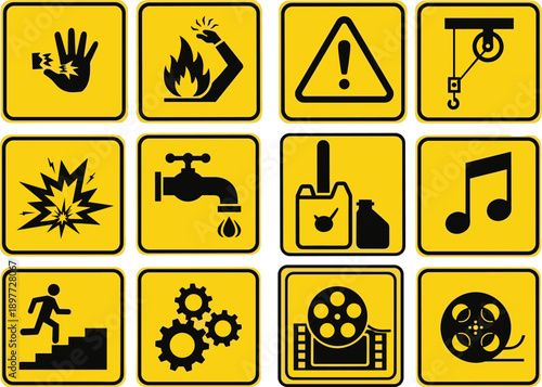 Industrial safety and facility hazard icons set, hand injury, fire burn, explosion, machinery, oil, gas, maintenance warning symbols