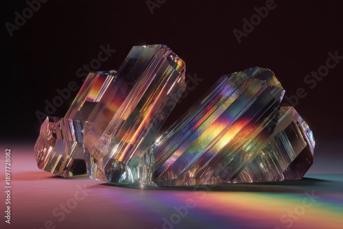 Luminescent crystals reflecting rainbow colors with sharp, angular edges. The light creates a vibrant spectrum, illuminating the intricate, multifaceted structure in a mesmerizing display