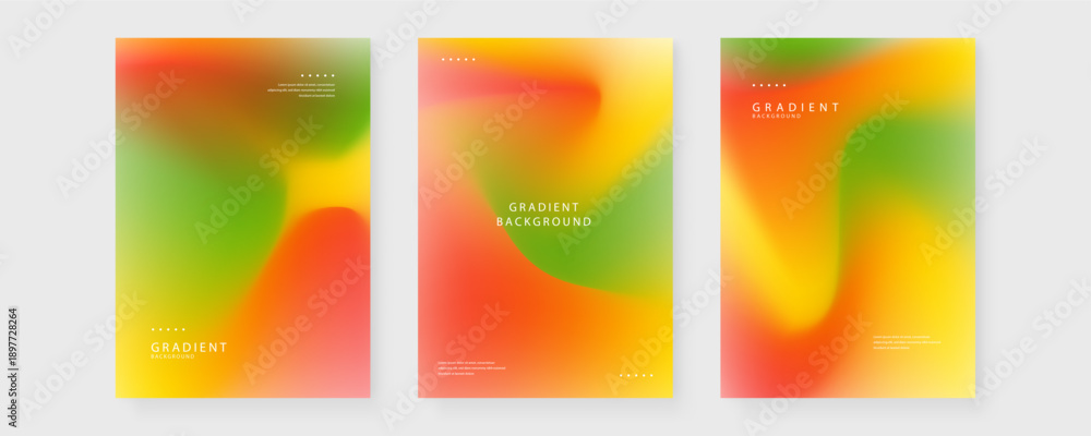 Obraz premium Three abstract posters featuring soft blurred mesh gradients in green orange and yellow colors for minimalist layout design