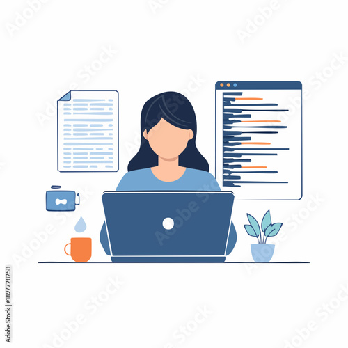 複数画面で作業するITエンジニアのプログラミングイラスト
