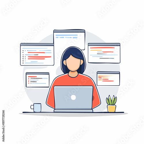 複数画面で作業するITエンジニアのプログラミングイラスト