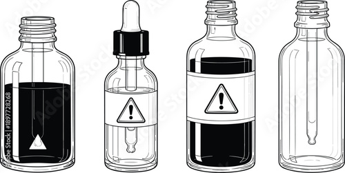 Laboratory glass bottles with dropper, chemical hazard containers, toxic liquid vials, medical and science storage illustration vector set