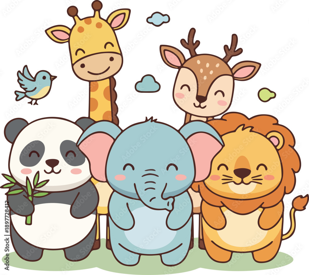 Obraz premium Cute Flat Vector Illustration of Adorable Wild Animals in Friendly Cartoon Style