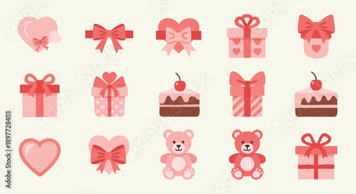 Cute Valentine's Day Icons Set: Pink Love Hearts, Gift Boxes, Cake Slices, and Teddy Bears.
