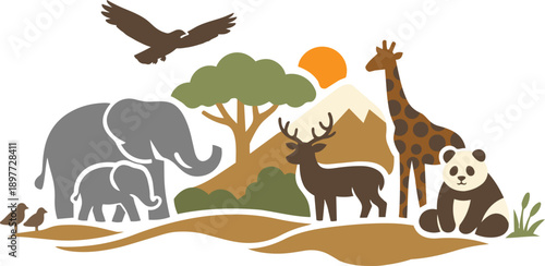 Photography Flat Vector Illustration of Wild Animals in Nature Landscape Scene