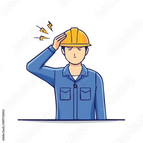 熱中症で頭を押さえる作業員のフラットイラスト 体調不良の人物素材