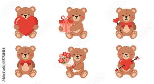 Cute Teddy Bear Vector Set for Valentine's Day. Adorable cartoon brown bears holding hearts, gifts, flowers, and love symbols.