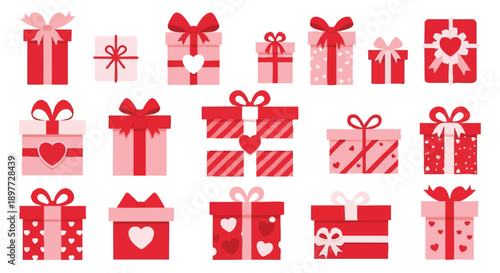 Flat Vector Set of Valentine's Day Gift Boxes with Hearts and Bows. Collection of Holiday and Celebration Presents in Red and Pink Colors.