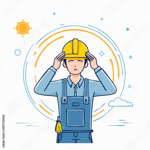 熱中症で頭を押さえる作業員のフラットイラスト 体調不良の人物素材